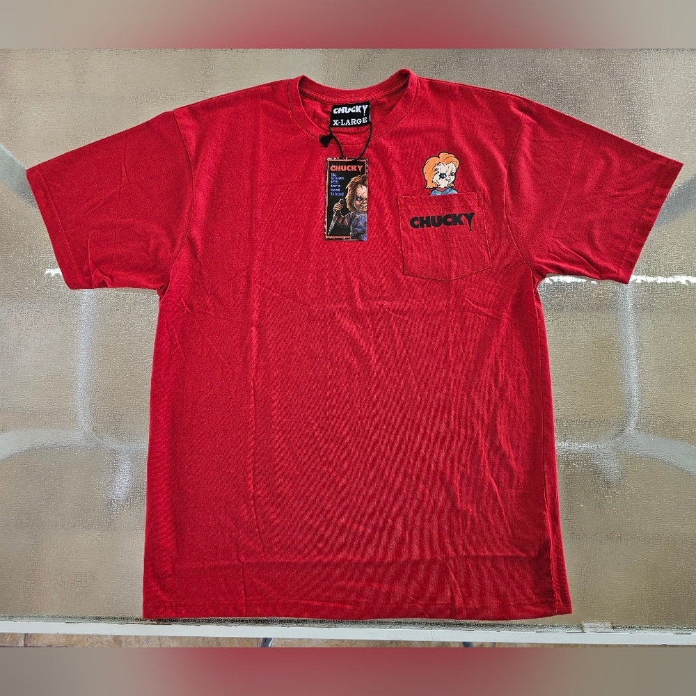 Chucky Men's Horror Graphic Pocket Tee Red XL 90s Retro Scary Movie Streetwear - Picture 2 of 12